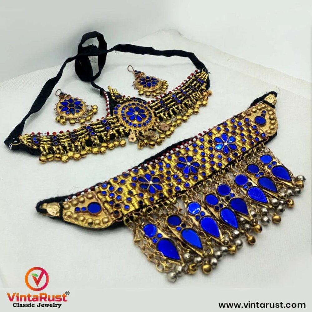 Golden Tone Afghan Jewelry Set: Handmade Tribal Necklace, Head Piece, Earrings - Picture 6 of 8